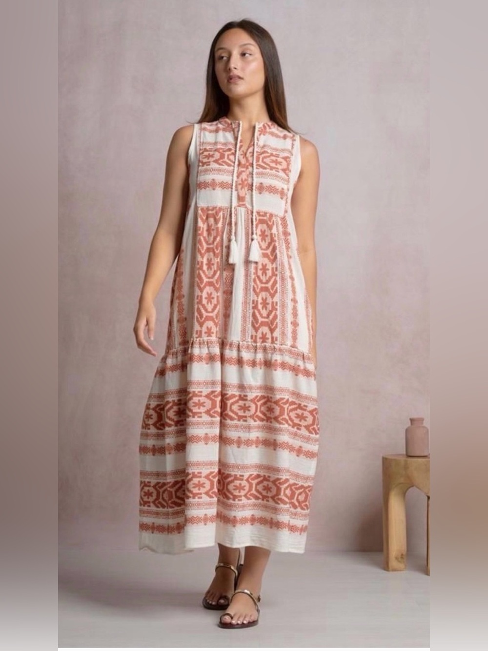 Elan Sleeveless Orange& Off-White Printed Midi Dress with Tassel Tie